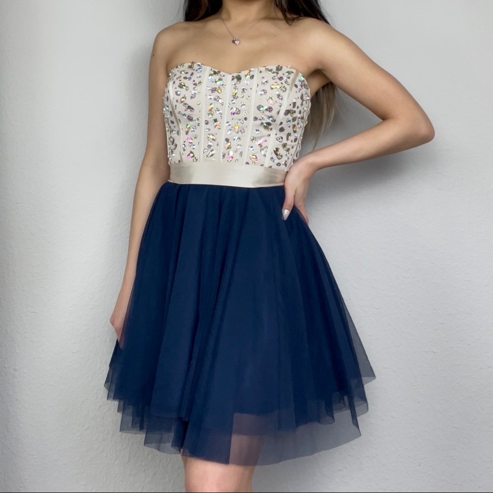 Strapless Beige Champagne Gemstone Ribbon Navy Blue Tulle Mini Prom Dress